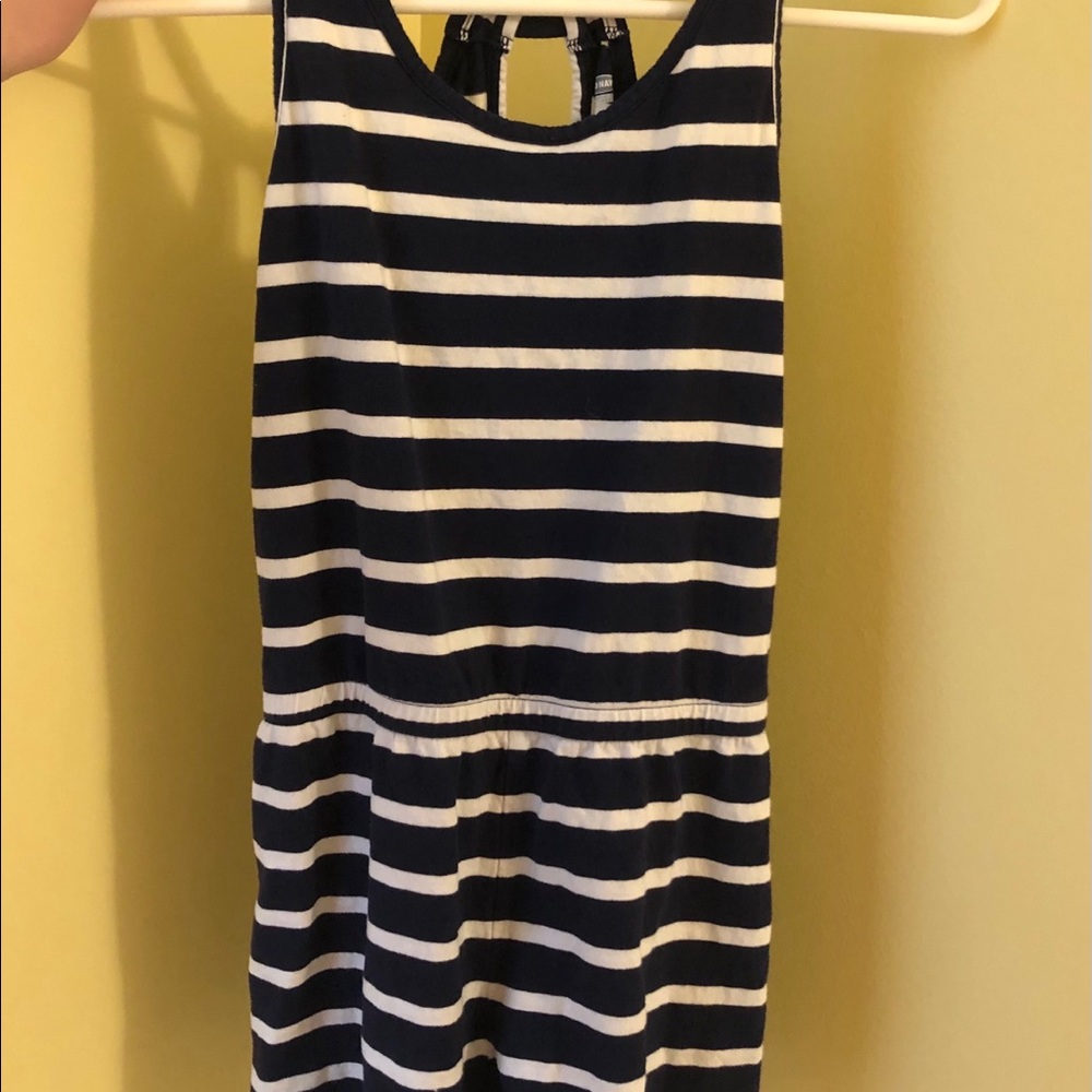 navy and white striped romper